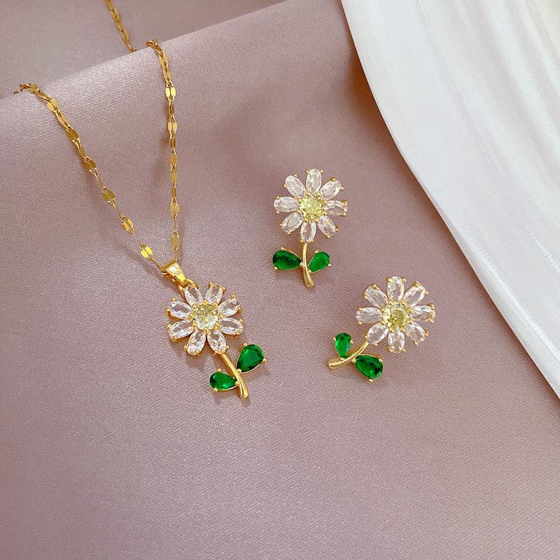 Green Leaf Flower Necklace or Earrings Suite