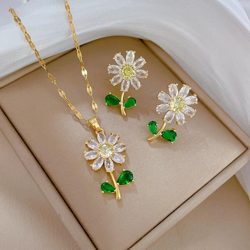 Green Leaf Flower Necklace or Earrings Suite